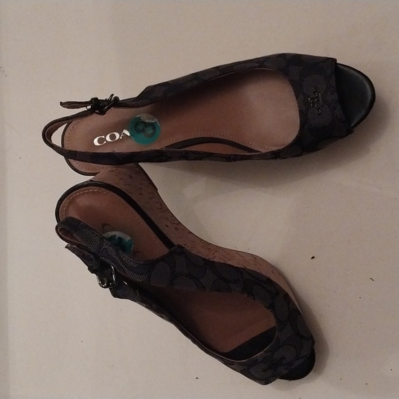 Coach Women's Sz 8B Ferry Black Sling Back Open Toe Sandal Wedge Monogram logo - Picture 1 of 7